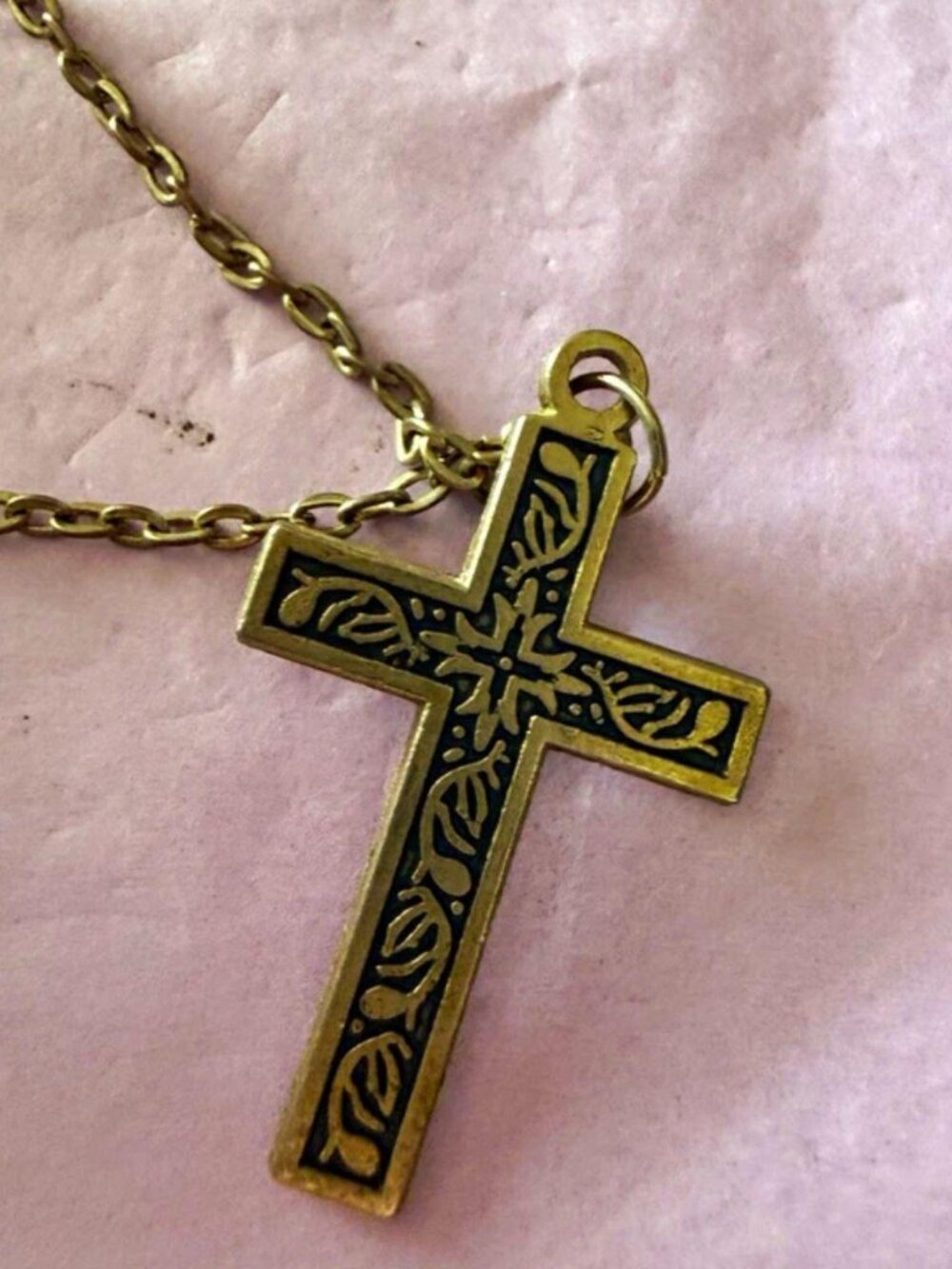 Vintage Cross Pendant Necklace Black Enamel Floral Brass Tone Religious Jewelry